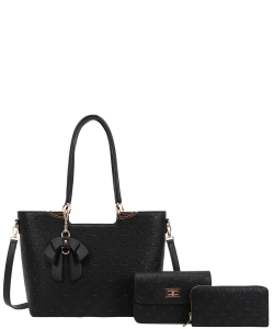 3in1 Designer Flower Tassel Handbag Wallet Set WY-8093S BLACK